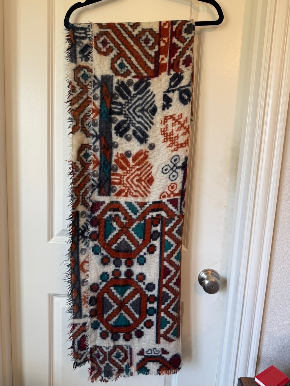 Boho Geometric Fringe Scarf in Cream, Rust & Teal